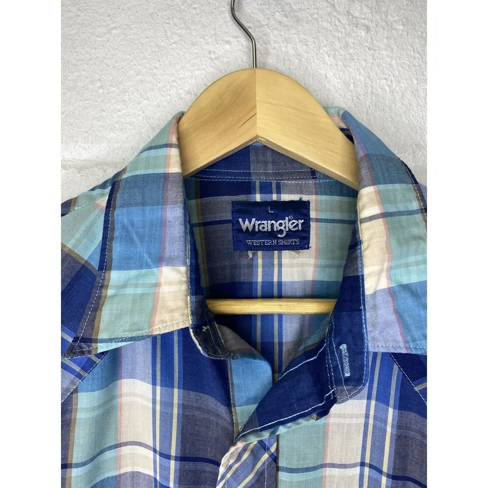 Vtg Wrangler Mens‎ Large Western Shirt Blue Teal Plaid Pearl Snap Buttons
